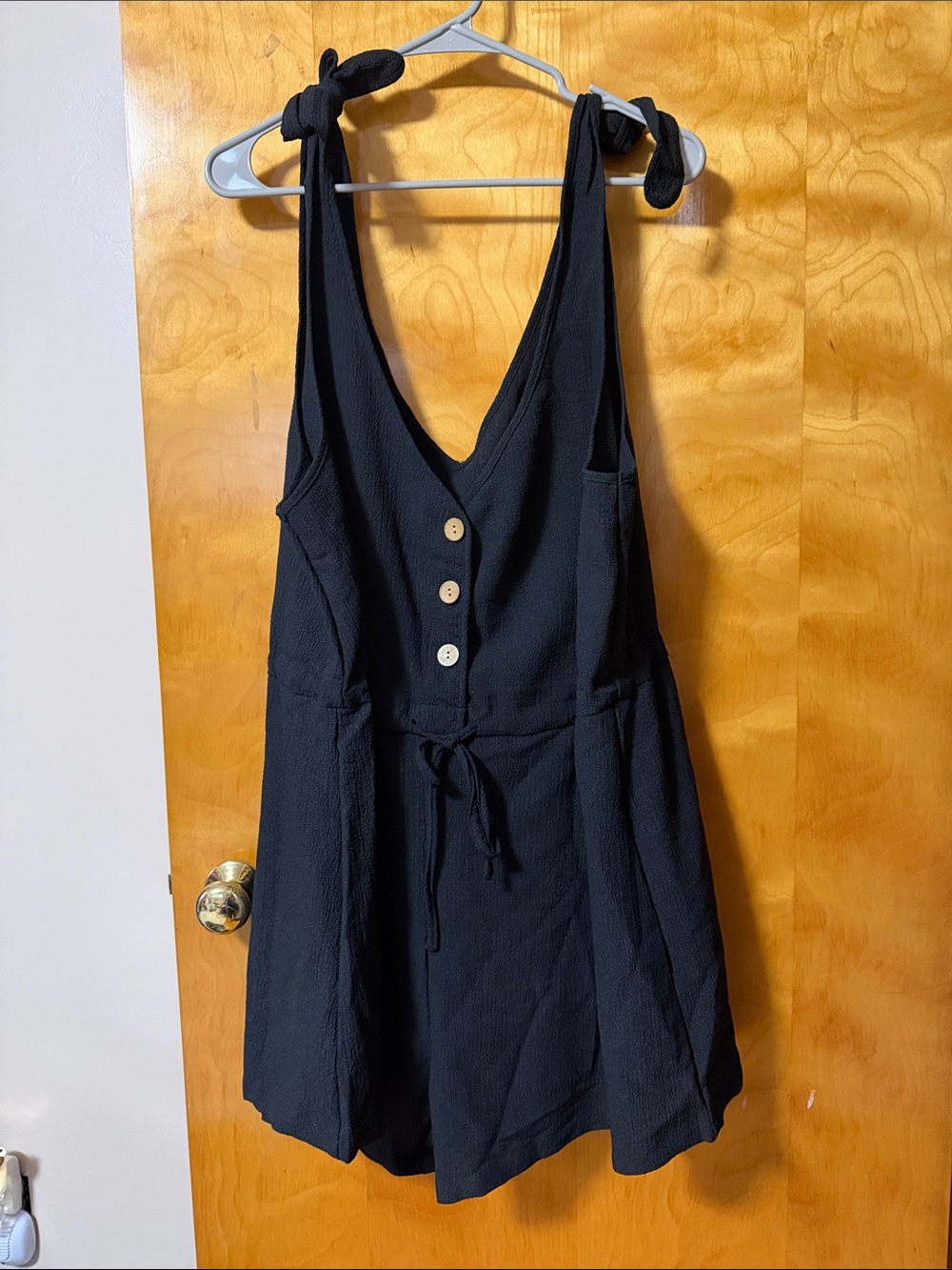 SHEIN Black Tie-Shoulder V-Neck Romper with Button Front